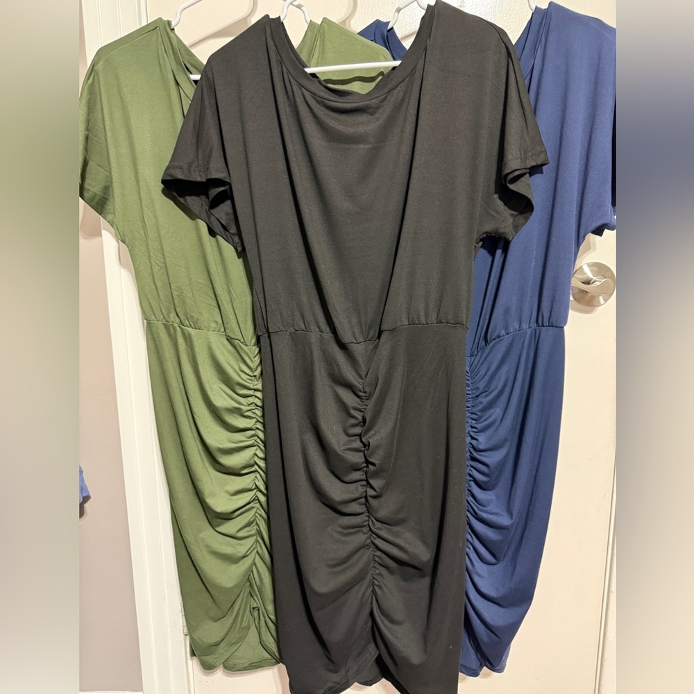 3 Ruched Midi Dresses in Green, Black, and Blue. Size Medium